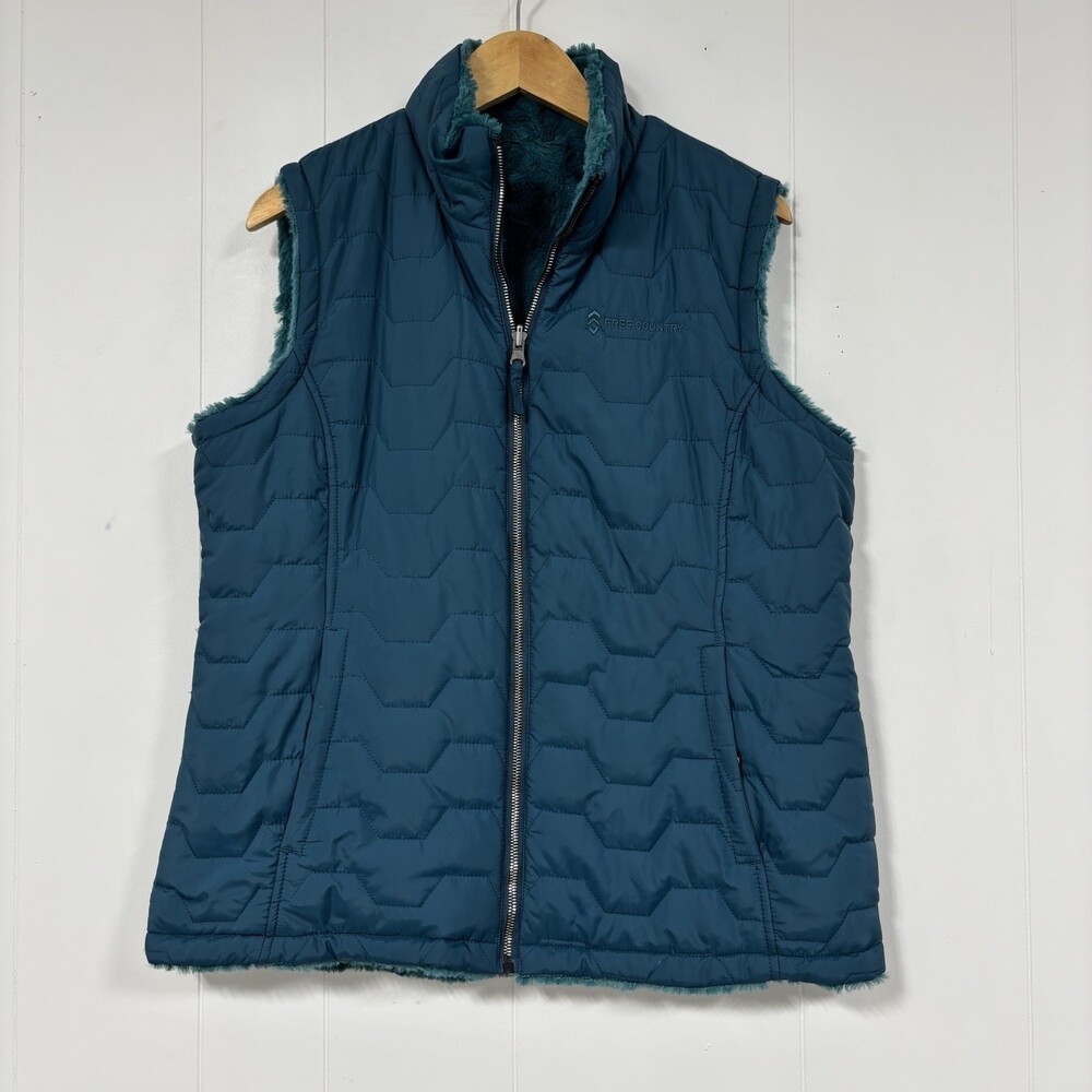 Free Country Reversible Teal Puffer Vest Faux Fur Full Zip Women’s Large L